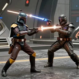 Boba Fett dueling Bossk on coruscant, movie still, cinematic, blasters, distance shot