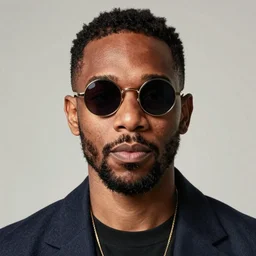portrait of Anderson .Paak wearing round sunglasses by Kehinde Wiley