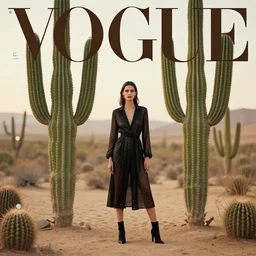 fashion photoshoot photography of a woman in the desert and big cacti by mark owen. vogue. kodak portra. bokeh!! detailed. hq. warm light. mamiya 7. f / 1. 2, symmetrical balance, in - frame