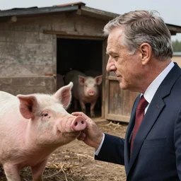 viktor orban with highly detailed face greeting the pigs in front of the pig house, by edward hopper
