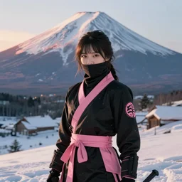 portrait ninja gaiden girl, black plus little pink ninja wardrobe, at snowy fuji mountain sunrise, ssci - fi and fantasy, intricate and very very beautiful, detailed, digital painting, artstation, concept art, smooth and sharp focus, illustration, art by tian zi and wlop and alphonse mucha