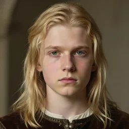 half - length portrait of a 1 5 - year - old human male noble with long blonde hair and green eyes, no beard, medieval setting, detailed face, highly detailed, artstation, concept art, sharp focus, by greg rutkowski, craig mullins, artgerm