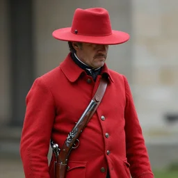 a man in a red hat, red coat, with a 1 9 th century pistol in a holster. his face is not visible. red hat is flat and wide. red coat have some metallic buttons, pockets, and paintings on it. photo