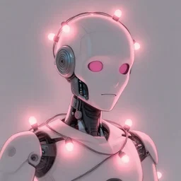 close up of pink string lights wrapped around a cyborg, sketch illustration, disney concept art, soft glow, dappled light, portrait art, backlit, indie studio, fantasy, rim lighting, intense, powerful, emotional, powerful, epic composition, noise, texture, rule of thirds, dappled light,