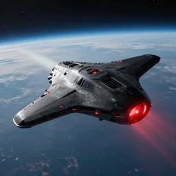 black spaceship with red lights flying through the atmosphere concept art reqlistic