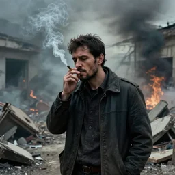 The man who smoked as if nothing had happened in the midst of the disaster, digital art