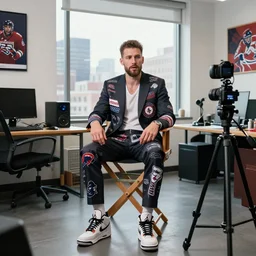 4 0 - year - old caucasian creative executive, thin but muscular, short beard, sits in director's chair in maximalist office, speaking to camera on a tripod, wearing a custom suit, with custom jordans on his feet, supreme brand colabs and hockey memorability everywhere, beautiful midtown view on the window behind him, digital art, trending on artstation
