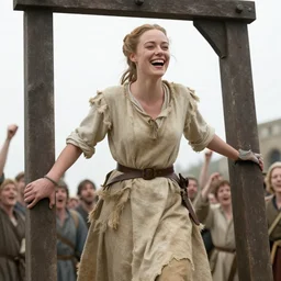 Amber Heard as Joan of Arc being led to the gallows, she is wearing prison rags, she is laughing, the crowd is cheering