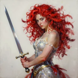 a painting of a woman who made of curly red edges feathers is holding a sword, a digital painting by peter mohrbacher, trending on artstation, metaphysical painting, speedpainting, made of feathers, digital painting, holographic undertones, highly saturated colors, 4 k, digital art, concept art, trending on artstation