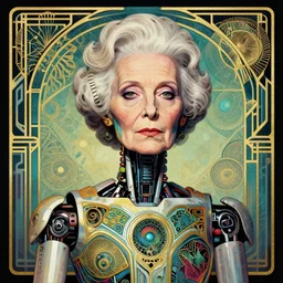 Portrait of a very old female robot, art deco design, by Mandy Jurgens and Warhol, Ernst Haeckel, James Jean, artstation, concept art,