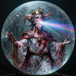 a perfect majestic portrait photograph of a distorted, contorted human monarch. saran wrap robes of blood, and a crown of squid engulfing their head. their gaping mouth is blasting colored rays of pure energy into the psyche of their devout disciples. captured in a fractal glass sphere.
