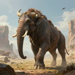 highly detailed portrait photo of a huge Mûmakil, wandering through a scenic dystopian fantasy environment, hyperrealistic Illustration