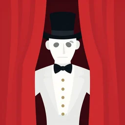 puppet master in tuxedo behind red curtains. clean cel shaded vector art. shutterstock. behance hd by lois van baarle, artgerm, helen huang, by makoto shinkai and ilya kuvshinov, rossdraws, illustration, art by ilya kuvshinov