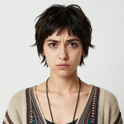portrait of an elegantly dressed short haired hipster girl, extremely dark circles around eyes, irritated expression, bohemian fashion, wearing a beret, artsy, intricate, elegant, highly detailed, digital painting, artstation, concept art, smooth, sharp focus, illustration, anime style