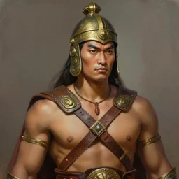 smart tai warlord, closeup portrait, historical hero, ethnic group, khmer costume, bronze headset, intricate, with leather armor cross on bare chest, elegant, loin cloth, highly detailed, oil painting, artstation, concept art, matte, sharp focus, illustration, hearthstone, art by earl norem
