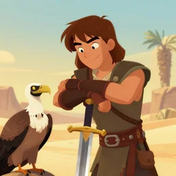 teenage conan the barbarian leans on his sword. smirking arrogantly at a vulture. desert background. digital art. animated feature. 3 d pixar and disney!! in the style of pixar, moana, jeff pidgeon, glenn mcqueen, and tony fucile.