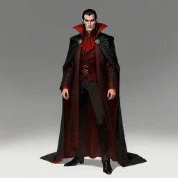 a classical vampire, male, late - 4 0 s aged, long, slicked black hair, clean shaven, dressed in red and black, regal, grim facial expression, high fantasy, full color digital art, cinematic shot, full body shot, concept art.