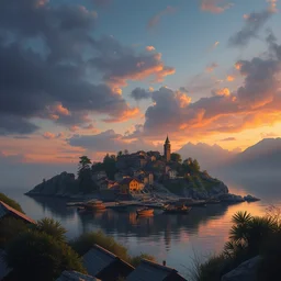 a fisher village on an island, scenic view, sunset, matte painting by marc simonetti and rhads and donato giancola, trending on artstation