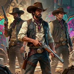 duotone concept illustration 3 / 4 portrait of cowboy with gun, cinematic volumentric lighting, accidental wild west, sachin teng, sergey kolesov, ruan jia, heng z, graffiti art, scifi, fantasy, hyper detailed. octane render. concept art. trending on artstation