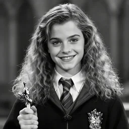 stock photo of gigachad dressed as hermione granger, strongest jawline in history, black and white, most beautiful smile award winner for five consecutive years