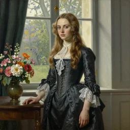museum painting, wide - shot, photo of very striking young eva green in the age of 1 7, light golden brown hair, dressed in 1 8 th century clothes, laces, by the window, table with flowers, sharp focus, highly detailed, digital art, oil painting, masterpiece, artgerm, rutkowski, mucha, kinkade