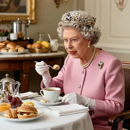 Queen Elizabeth II eating breakfast at a hotel buffet, intricate illustration, highly detailed, ultrarealistic