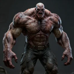 a huge muscular zombie with huge arms and scary face, unreal engine 8k, concept art, hyperrealistic, artstation, creepy