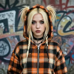 highly detailed portrait of a sewer punk lady, tartan hoody, blonde ringlet hair by atey ghailan, by greg rutkowski, by greg tocchini, by james gilleard, by joe fenton, by kaethe butcher, gradient orange, black, cream and white color scheme, grunge aesthetic!!! ( ( graffiti tag wall background ) )