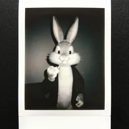 a polaroid photography of roger rabbit doing drugs, black and white, blurry, secret photo