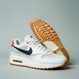 a studio photoshoot of Nike Air Mag x Off-white sneakers designed by Virgil Abloh, leather and transparent knitted mesh material, gum rubber outsole, realistic, color film photography by Tlyer Mitchell, 35 mm, Graflex