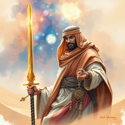 male bedouin warrior with the sword of allah, highly detailed, nebula, galaxy, desert, gold filigree, romantic storybook fantasy, soft cinematic lighting, award, disney concept art watercolor illustration by mandy jurgens and alphonse mucha and alena aenami, pastel color palette, featured on artstation