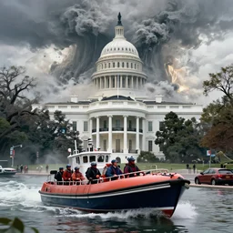 lifeboat crossing washington dc streets after humongous tsunami, drowned white house, hyperdetailed, artstation, cgsociety, 8 k
