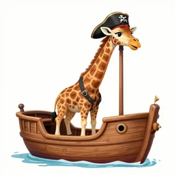 giraffe dressed as a pirate on a wooden ship, hand drawn hyperreal hd