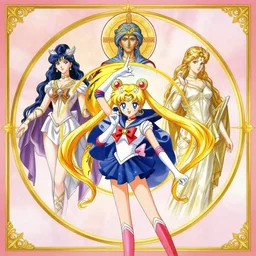 trinity of sailor moon anime characters, baroque roman renaissance greek fantastical art, magical girl, poster, transformation, golden ratio, cycles, very colorful, blasphemous orthodox icon