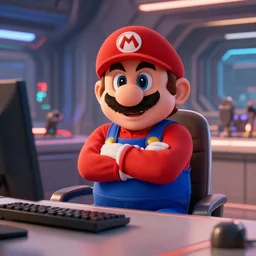 film still of real life super mario with his arms crossed sitting at a desk in the new sci - fi movie