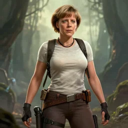 angela merkel as lara croft, fantasy art, in the style of artgerm, illustration, epic, fantasy, intricate, hyper detailed, artstation, concept art, smooth, sharp focus, ray tracing, vibrant, photorealistic, simon bisley