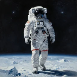 an epic painting of a futuristic astronaut walking along an airless icy planet in the endless night of space, unreal 5, DAZ, very very detailed, soft focus, brilliant, 4k, 8k, HD, trending on artstation, art by Rick Guidice painting by Robert McCall by John Harris,