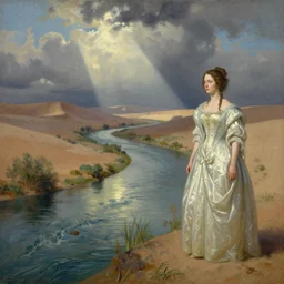 an ethereal justin earl grant and leonora carrington painting titled'the salmon of the desert river'