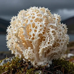 a creature made of latticed - stinkhorn, favolaschia - calocera, tremella - mesenterica, by hans gude, by adolph tidemand, norwegian romantic nationalism, sharp edges, clean focus, hard light