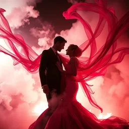 wedding from hell, by tom bagshaw and greg rutkowski, red fabric, fiber amethyst weaving into strands of smoke, white explosions, dramatic lighting, ultra detail, cinematic,