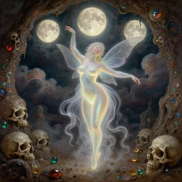 concept art of translucent glowing curvy buxom fairy dancing, renaissance, flowy, melting, round moons, rich clouds, very detailed, volumetric light, mist, fine art, decaying, textured oil over canvas, epic fantasy art, very colorful, ornate intricate scales, walls and floor of cave made of skulls, fractal gems, 8 k, high contrast