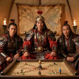 close - up portrait of three smart and handsome tai warriors sit around pretty - face and beautiful tai armored warlord who sit on the thone in tai ancient war traditional tent, with strategical sandbox on the woonden table and old leather map on the wall, minimal interior decoration, light from bonfires and torches, high quality detailed face, detailed and intricate environment, 3 0 s