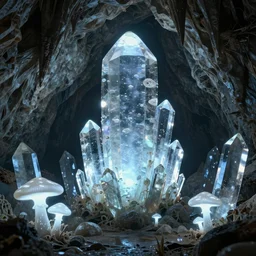 a beautiful and stunning digital render of a humongous crystal cave, dimly glowing mushrooms, vines, haze, waterfall, volumetric lighting, photorealistic, unreal engine 5, ultra detail, trending on artstation