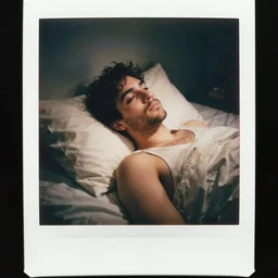 soft polaroid photo of man that just woke up and lying in his bed, cinestill 800t, wide angle lens
