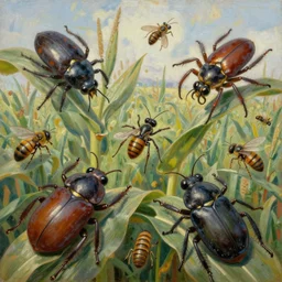 strange giant insects, beetles, spiders, wasps, bees, maggots, locusts and flies, swarming in a cornfield, oil painting by max ernst and anselm kiefer, decay, mixed media, textured, sharp focus, highly detailed, photographic emulsion cracked and peeling, rust, cinematic lighting, 8 k, hd