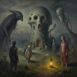 a strange, foreboding dreamscape | | strange beings | | strange dwellings | | lanterns | | unnatural landscape | | organic painting by max masnyy, jakub gazmercik, beeple, patrick faulwetter, heavenlydaemonic, and mc escher, surrealism, trending on artstation