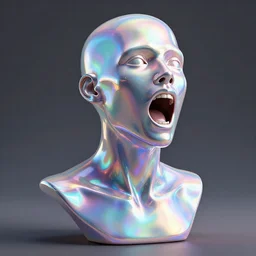 3d render of holographic human robotic bust made of glossy iridescent, screaming, bust, surrealistic 3d illustration of a human non-binary, non binary model, 3d model human, cryengine, made of holographic texture, holographic material, holographic rainbow, concept of cyborg and artificial intelligence