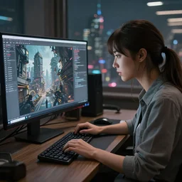 realistic female artist creating art on her computer, cyberpunk city, artstation trends, sci fi concept art, highly detailed, intricate, sharp focus, digital art, 8 k,