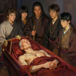a funeral for a shaman, digital painting, masterpiece by rembrandt and thomas kinkade and frank frazetta and kentaro miura, by reiq and tite kubo, stylized yet realistic faces and anatomy, advanced lighting technology, beautiful, gorgeous brush strokes