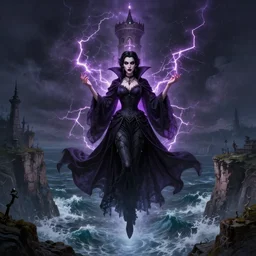 a hyperdetailed matte painting of a goth vampire princess floating in front of a tower, crackling lighting magic, overlooking cliffs and crashing waves in the background, highly detailed, deep focus, elegant, digital painting, sharp focus, ultra realistic, 8 k, art by greg rutkowski and rembrandt and alphonse mucha, ultrawide lens